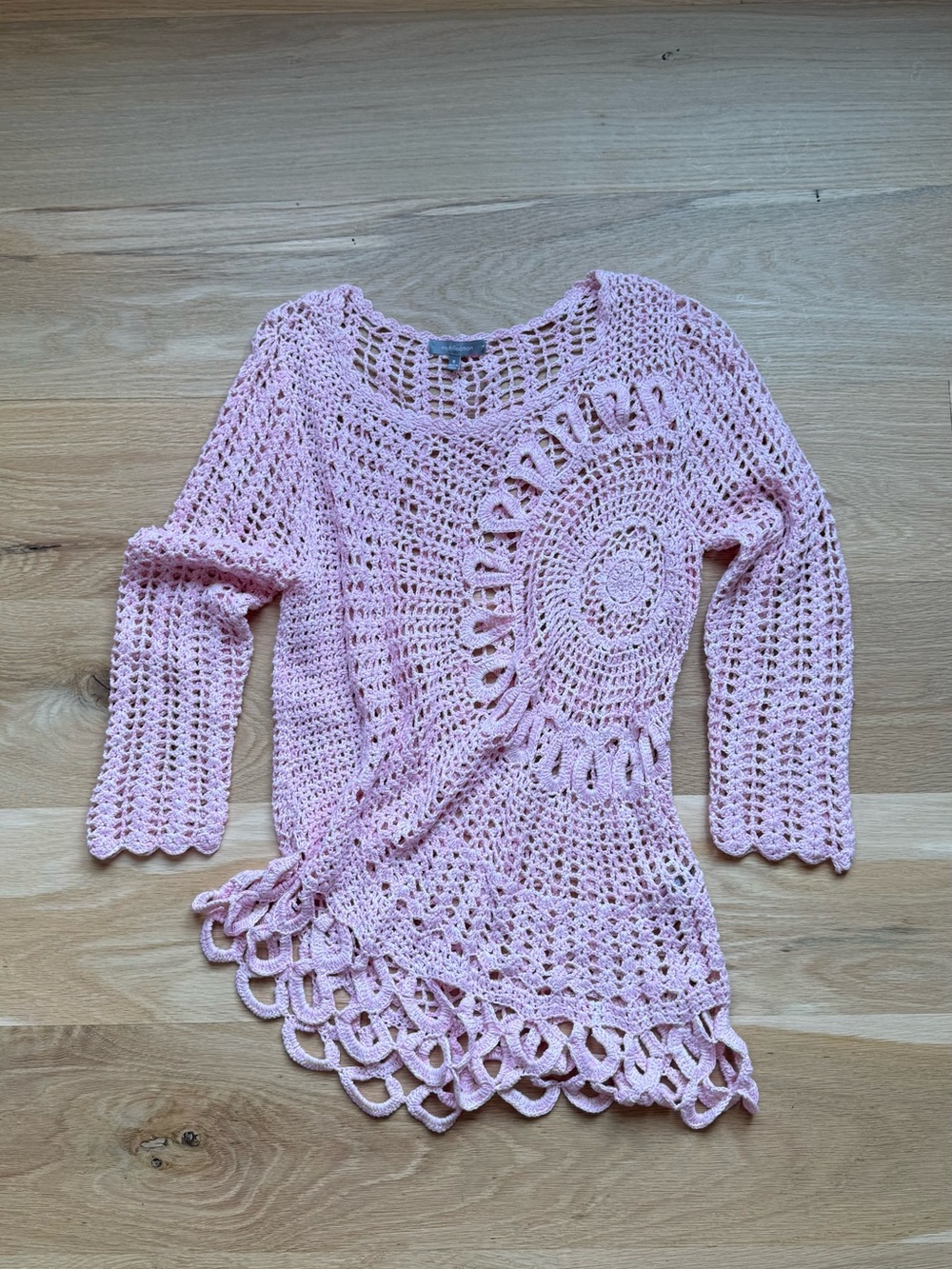 NY Collection Pink Crochet Openwork Scoop Neck Sweater